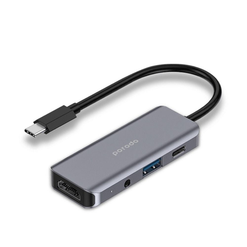 Porodo 4in1 USB-C Hub Type-C PD 100W HDMI USB 3.5mm Aux - Grey