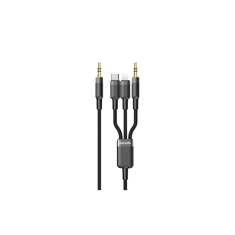 Porodo 3in1 Aux 3.5 to 3.5+C+Lightning Cable 1.2M - Black