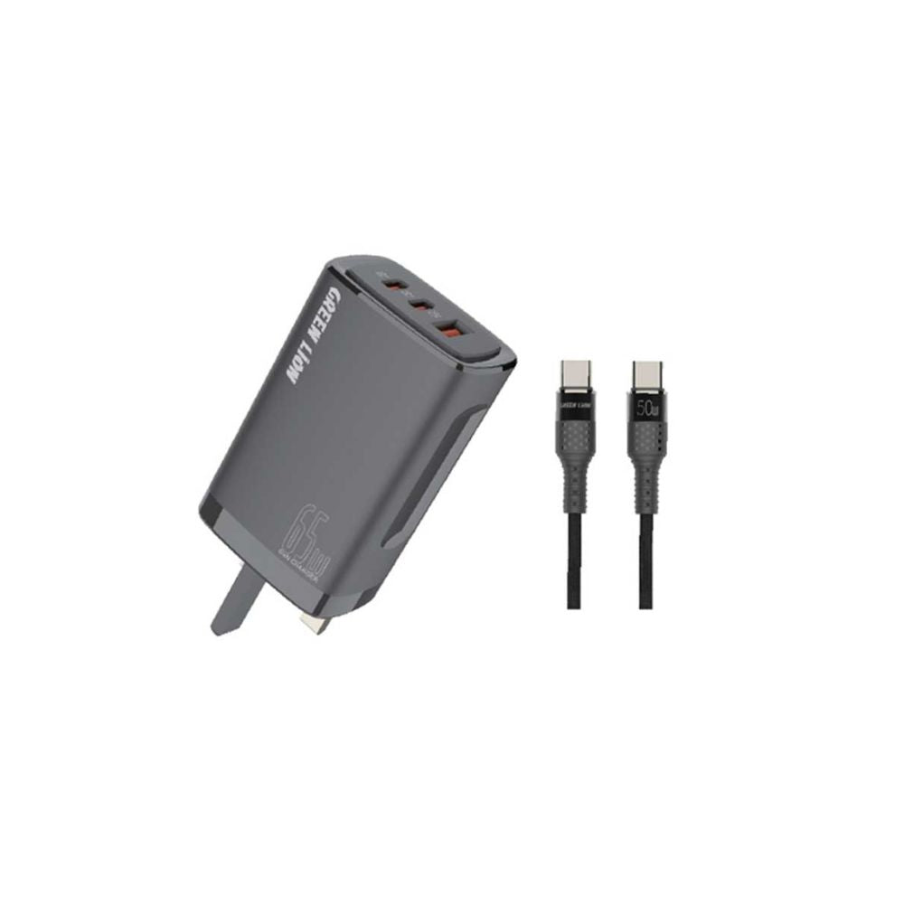 Green Lion PD+PD+QC3.0 Gallium Nitride Charger 65W+Type-C - Lightning data cable 1m Black