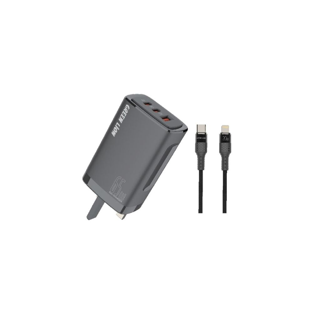 Green Lion PD+PD+QC3.0 Gallium Nitride Charger 65W+Type-C - Lightning data cable 1m Black