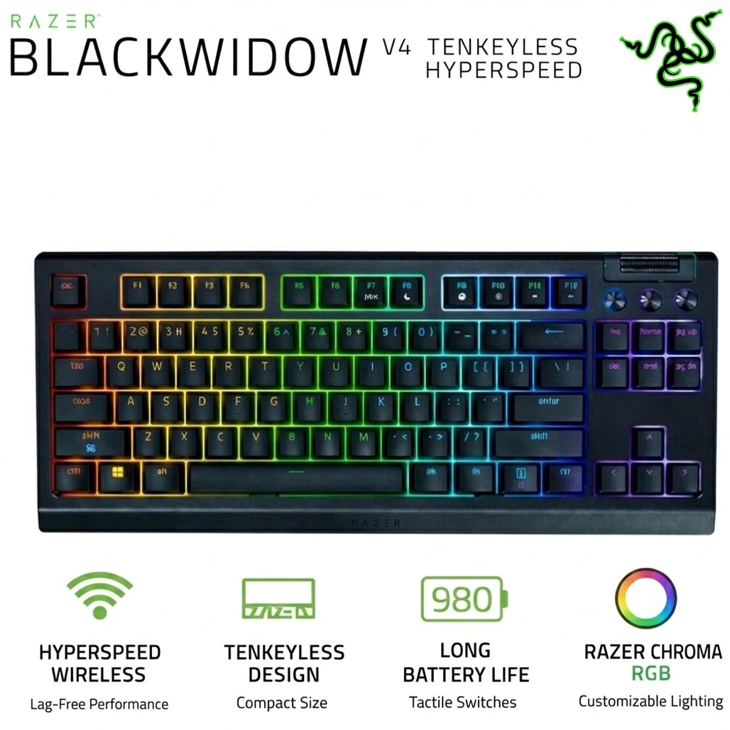 BlackWidow V4 Tenkeyless HyperSpeed (Orange Switch Tactile Switches) - Wireless Hot-swappable Gaming Keyboard - Bluetooth & HyperSpeed 1000Hz