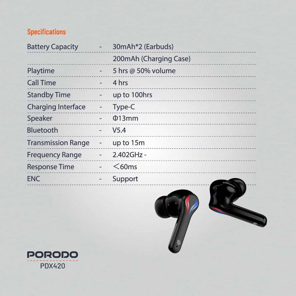 Porodo Gaming PDX420 - Ultra Low-Latency Gaming Earbuds