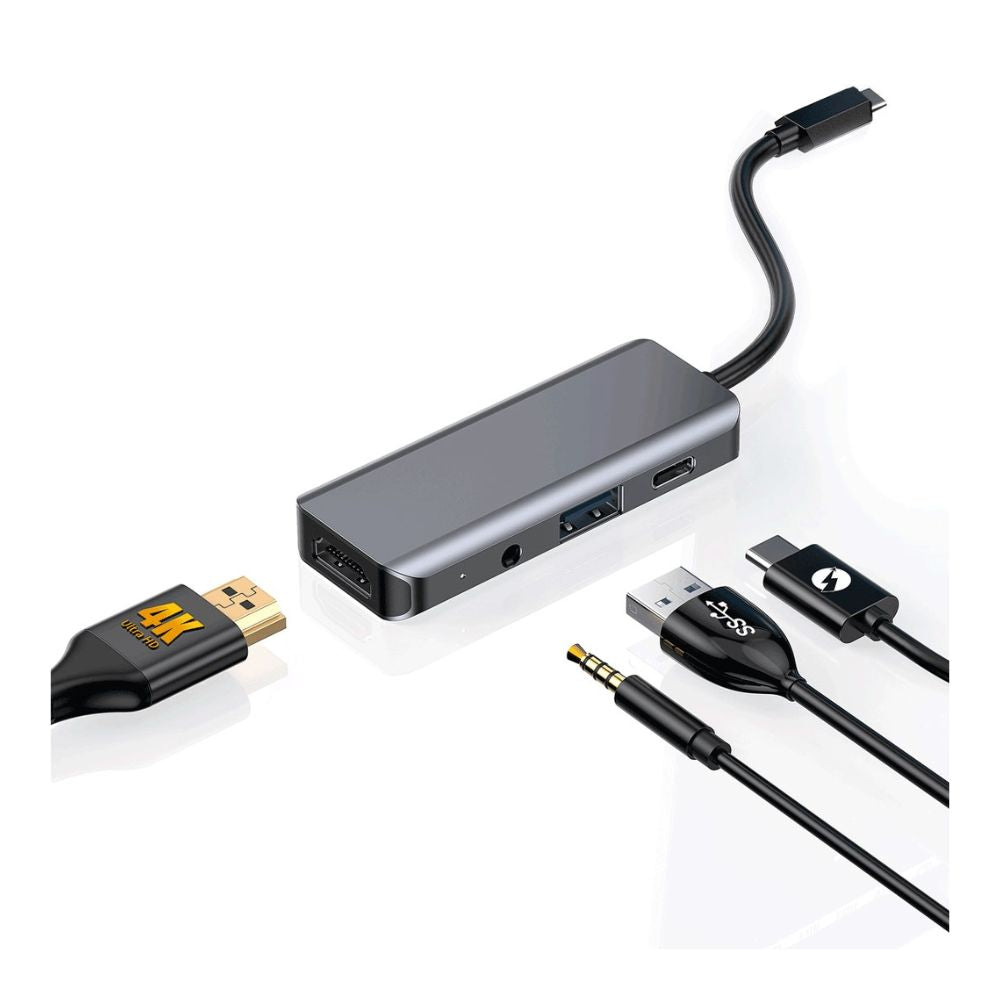 Porodo 4in1 USB-C Hub Type-C PD 100W HDMI USB 3.5mm Aux - Grey