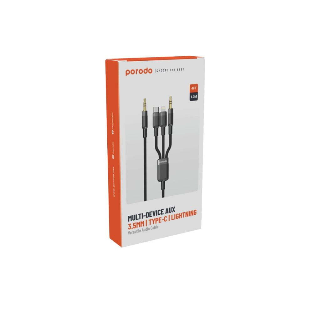 Porodo 3in1 Aux 3.5 to 3.5+C+Lightning Cable 1.2M - Black