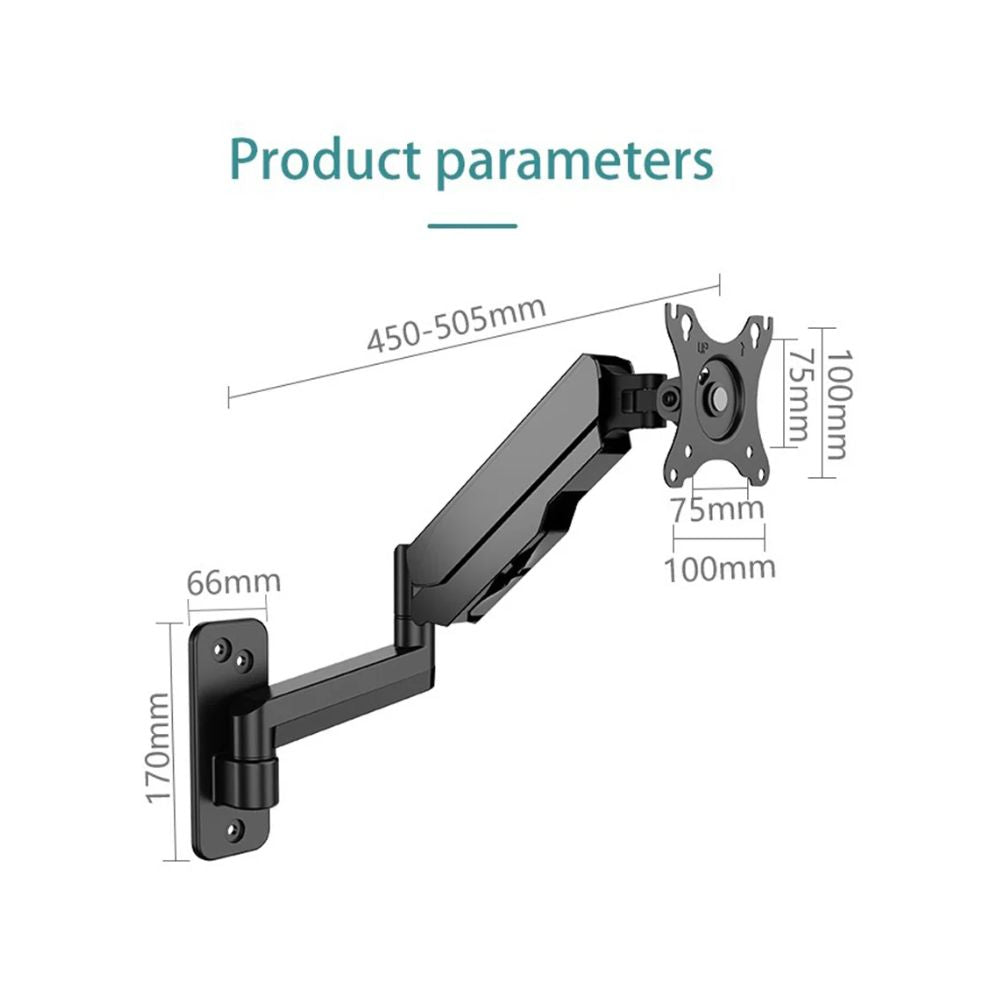 KALOC KLC-M520 Wall Mount Adjustable Single Monitor Arm with Internal Gas Spring technology, for Screens 17 to 35 Inches
