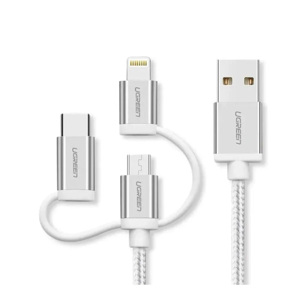 UGREEN 3 in1 USB-A to Lightning + USB-C + Micro-USB Braided Cable & Aluminum Body, MFI Apple Certified, 1.5M