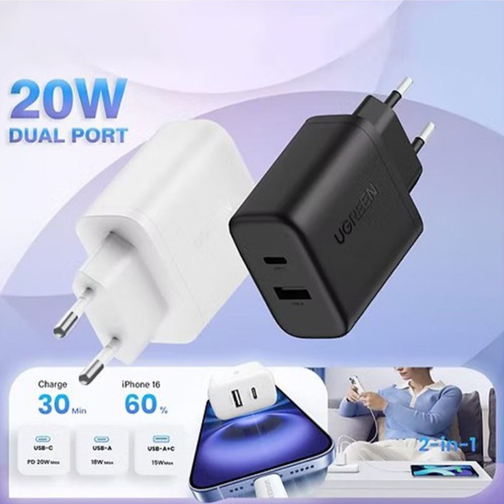 UGREEN 20W Dual-Port USB-A + USB-C Smart & Fast Charger