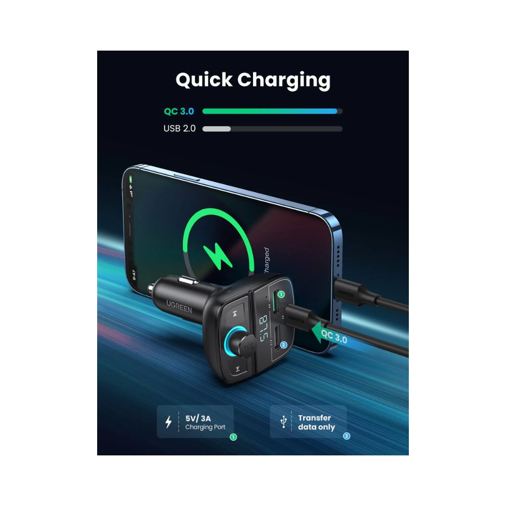 UGREEN Car Bluetooth Adapter - Bluetooth FM Transmitter for Car PD/QC 3.0 Car Charger