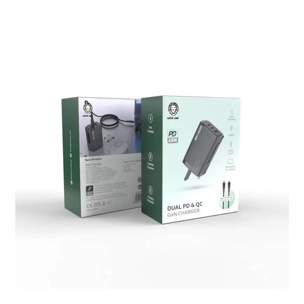 Green Lion PD+PD+QC3.0 Gallium Nitride Charger 65W+Type-C - Lightning data cable 1m Black