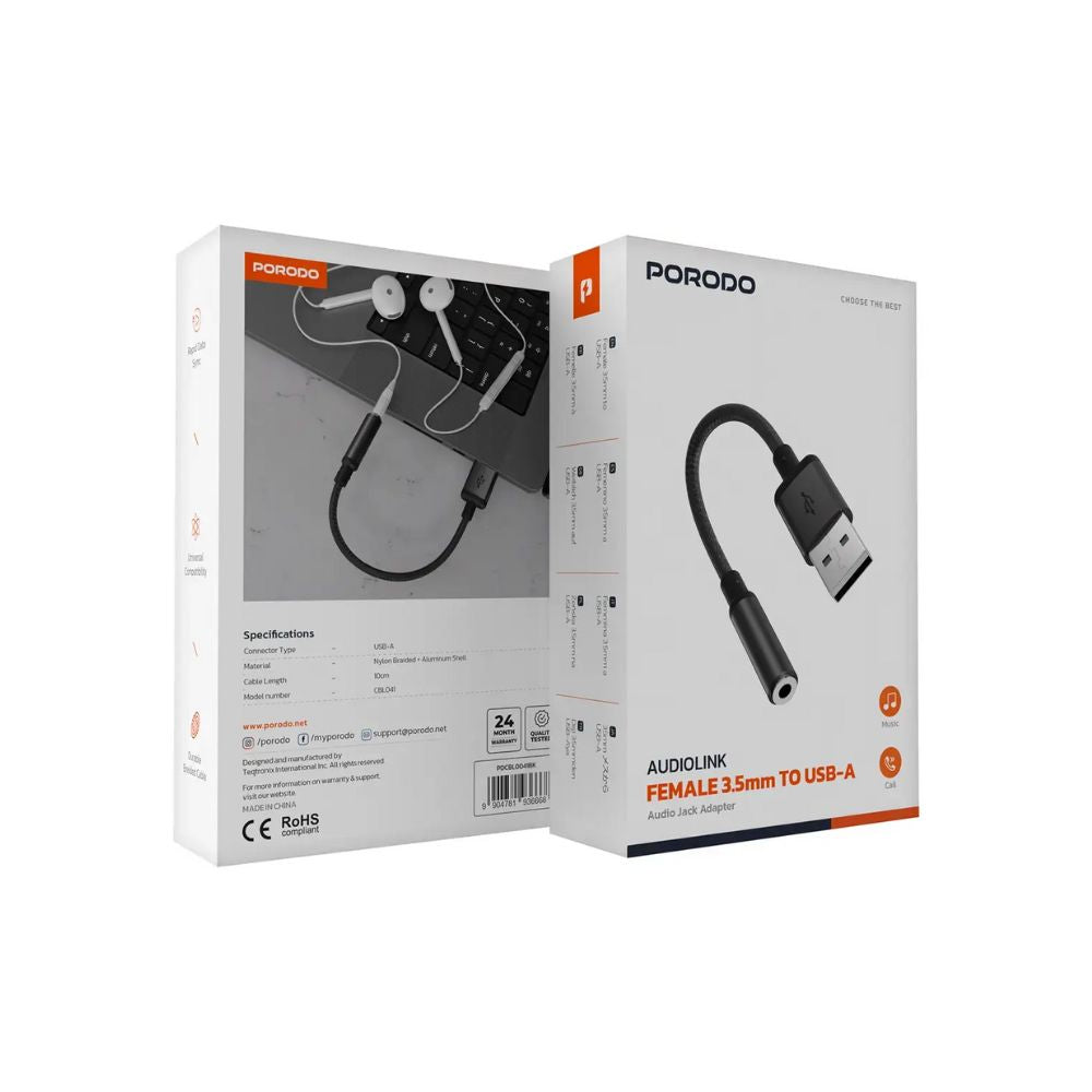 Porodo AudioLink Female 3.5mm to USB-A Audio Jack Adapter