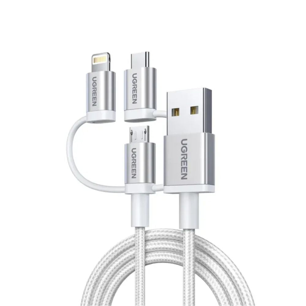 UGREEN 3 in1 USB-A to Lightning + USB-C + Micro-USB Braided Cable & Aluminum Body, MFI Apple Certified, 1.5M