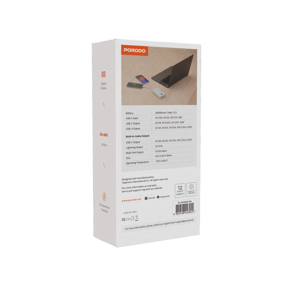Porodo 20000mAh Powerbank Integrated Cable