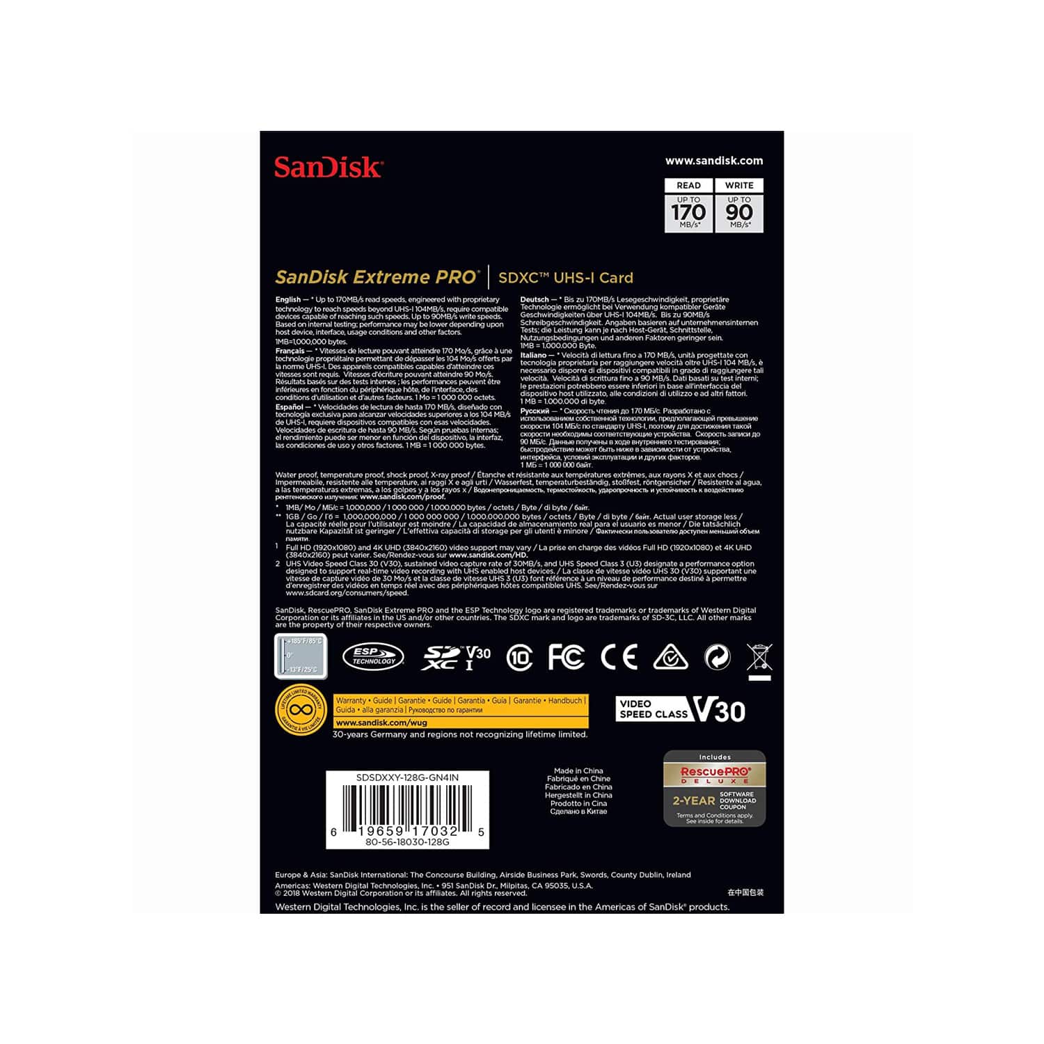 SanDisk 128GB Extreme PRO SDXC UHS-I Card - C10, U3, V30, 4K UHD, SD Card