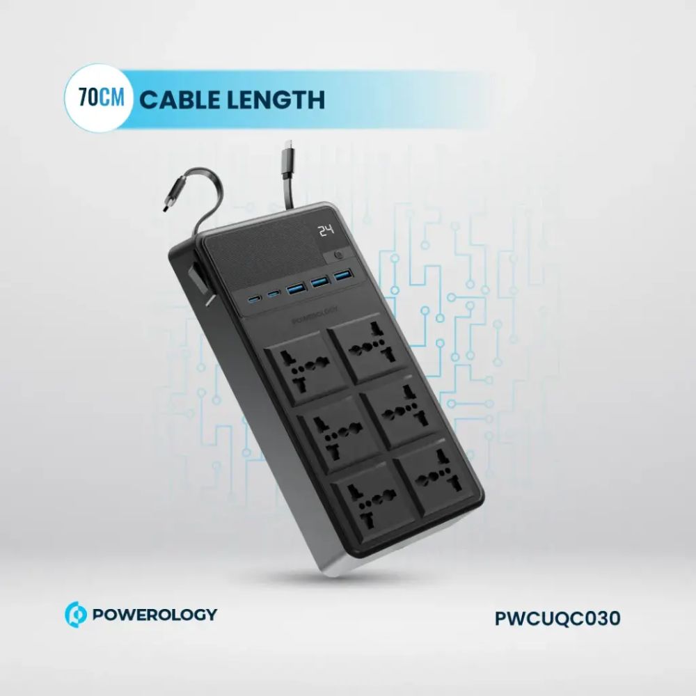 Powerology 2500W 6AC Power Strip with Built-In Retractable Cables