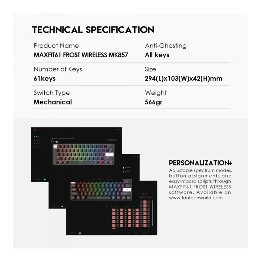 Fantech MK857 MAXFIT61, 3 Modes: Bluetooth, Wireless & Wired, Rechargeable Built-in Battery, Modular Mechanical Gaming Keyboard