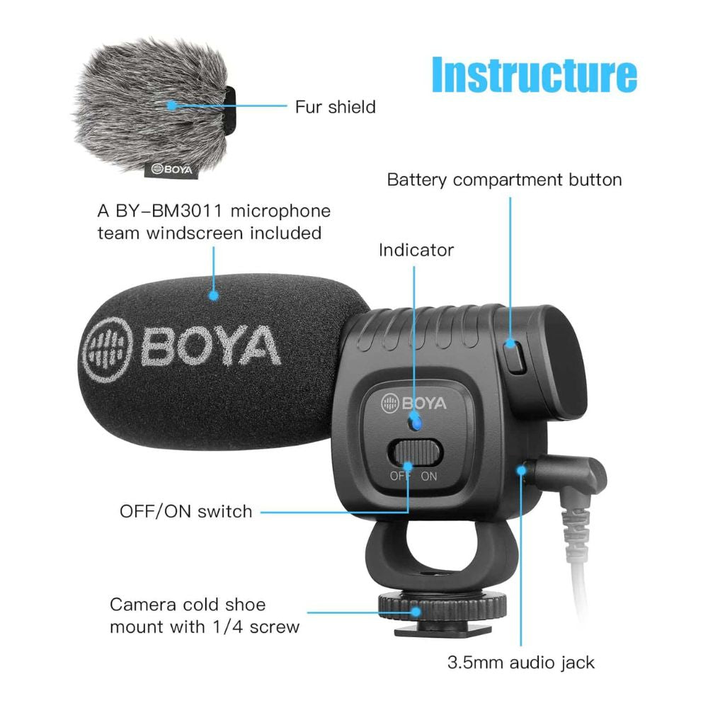 Boya, BY-BM3011, Compact On-Camera Shotgun Microphone for Cameras, Smartphones, Tablets and Computers