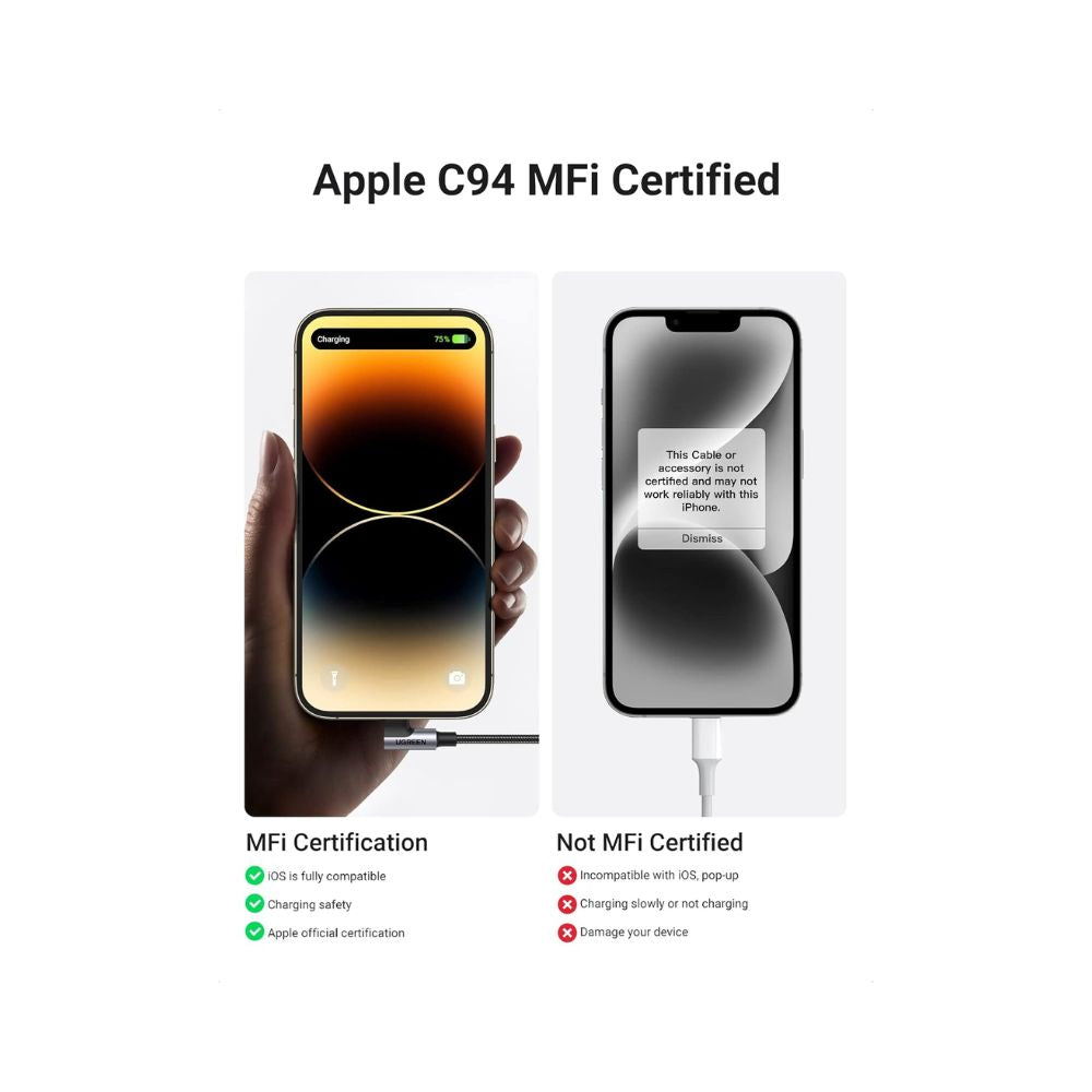 UGREEN USB-C to Angled Lightning Braided Cable & Aluminum Body, MFI Apple Certified, Fast Charging 2m