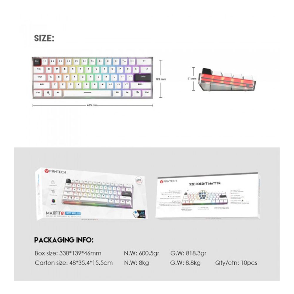 Fantech MK857 MAXFIT61, 3 Modes: Bluetooth, Wireless & Wired, Rechargeable Built-in Battery, Modular Mechanical Gaming Keyboard