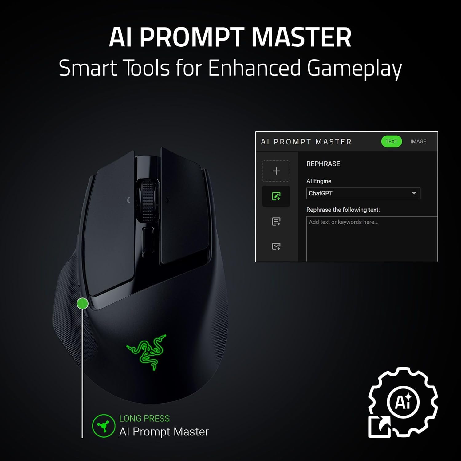 Razer Basilisk Mobile - Small Portable Ergonomic Wireless Gaming Mouse - AI Prompt Master - Focus X 18K Sensor (Tri-Mode Connectivity, Up to 105 Hour, Mouse Switches Gen-3) Black
