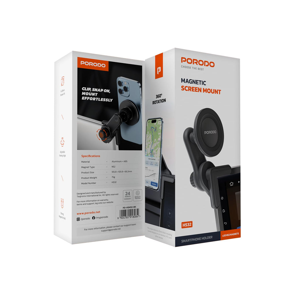 Porodo PD-AVU2M-GY Aluminum Magnetic Car Mount Air-Vent and Stick-on Mobile Phone Holder, With 6 Strong Magnets