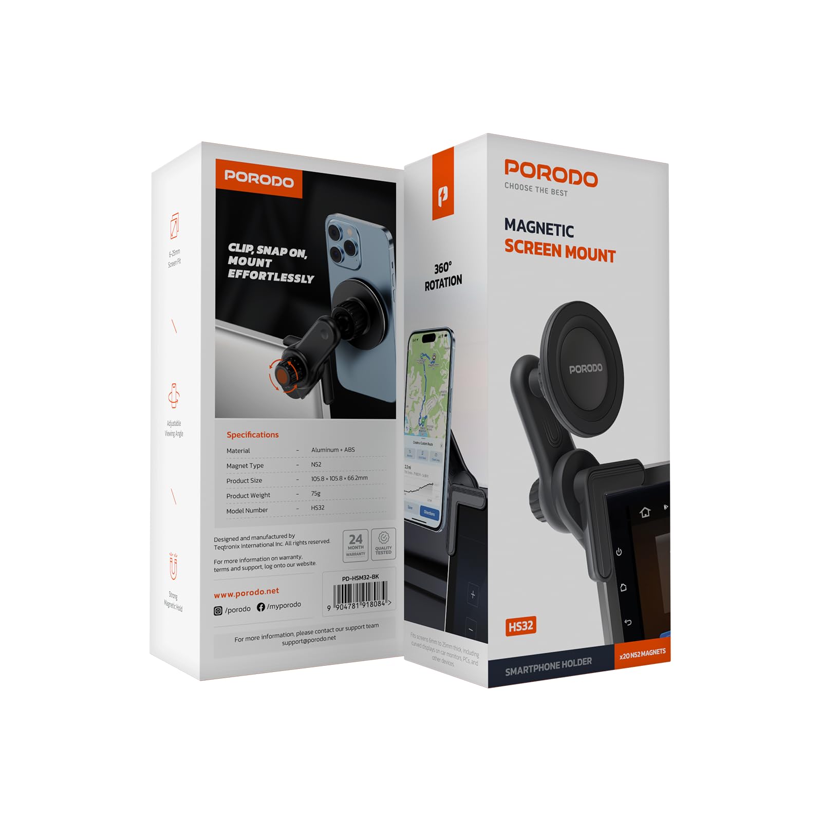 Porodo PD-AVU2M-GY Aluminum Magnetic Car Mount Air-Vent and Stick-on Mobile Phone Holder, With 6 Strong Magnets