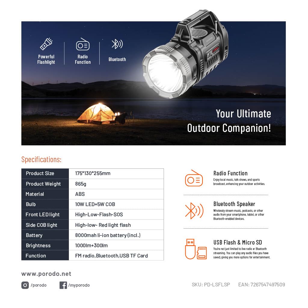 Porodo LifeStyle Outdoor 10W 3 in 1 Flashlight with FM Radio and Bluetooth Speaker - image 3