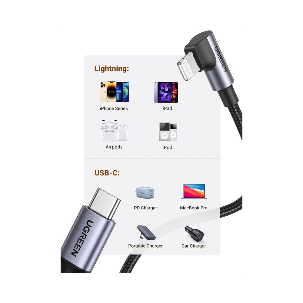 UGREEN USB-C to Angled Lightning Braided Cable & Aluminum Body, MFI Apple Certified, Fast Charging 2m