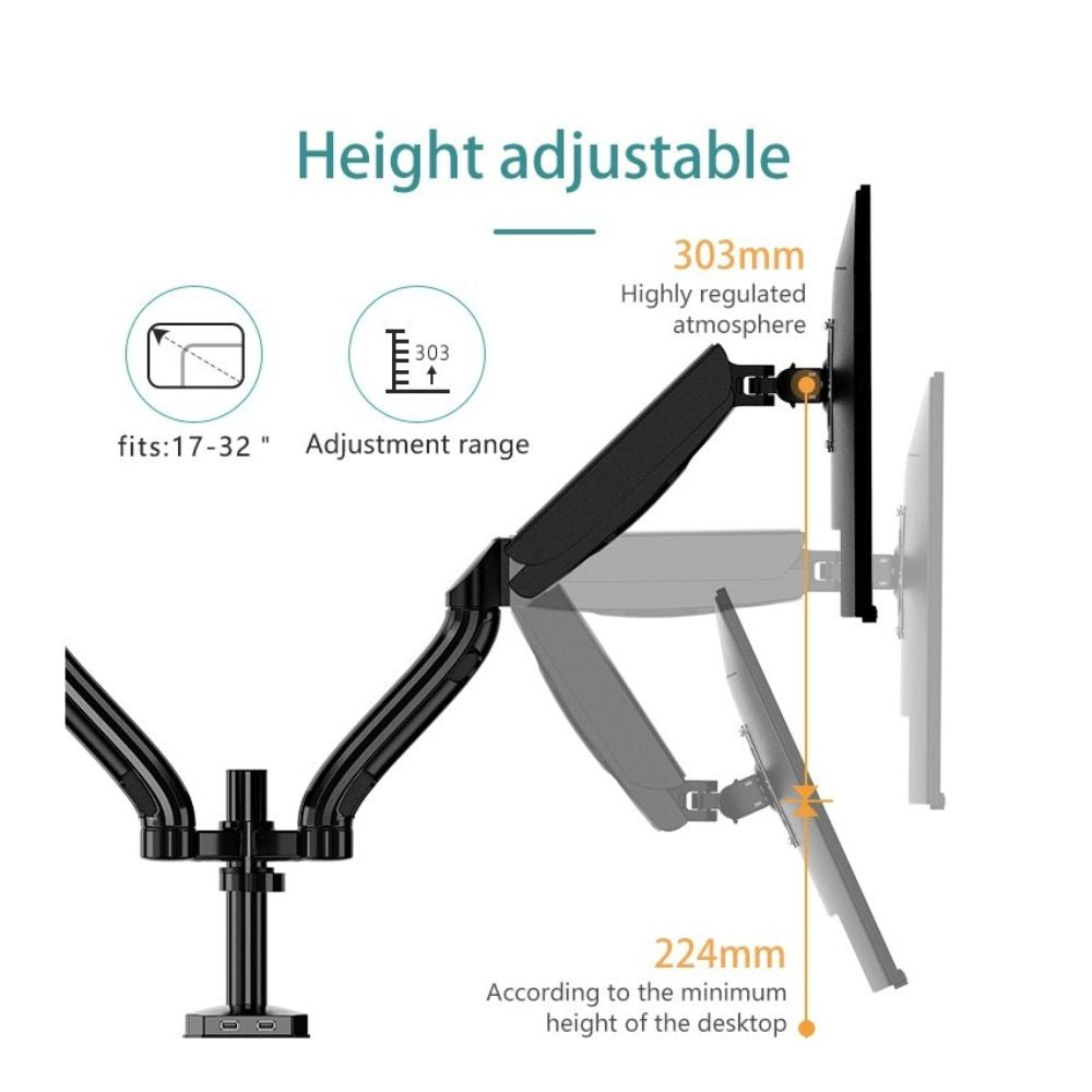 Kaloc DS90-2 Adjustable Dual Monitor Arm with Internal Gas Spring technology for Easy Adjustment, for Screens 17 to 32 Inches