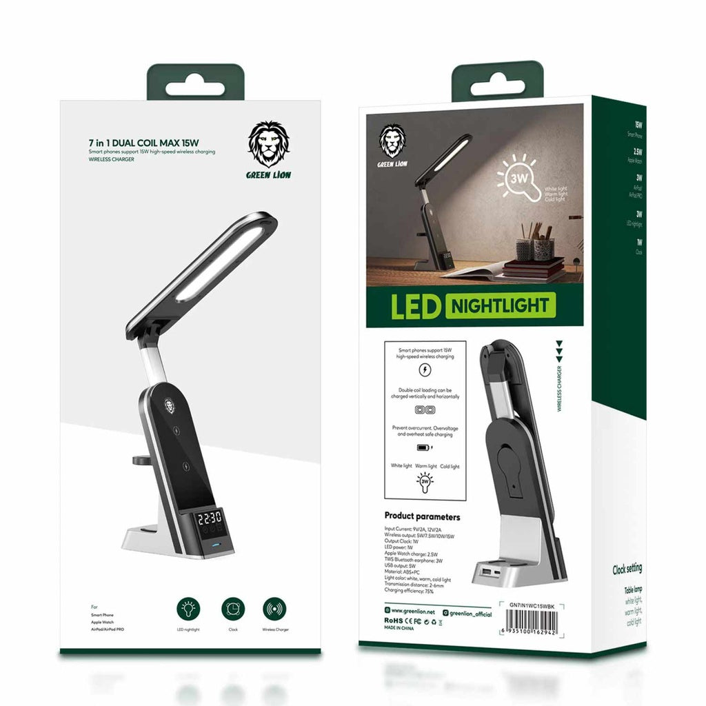 Green Lion 7 in 1 Dual Coil Max Wireless Charger 15W - Black