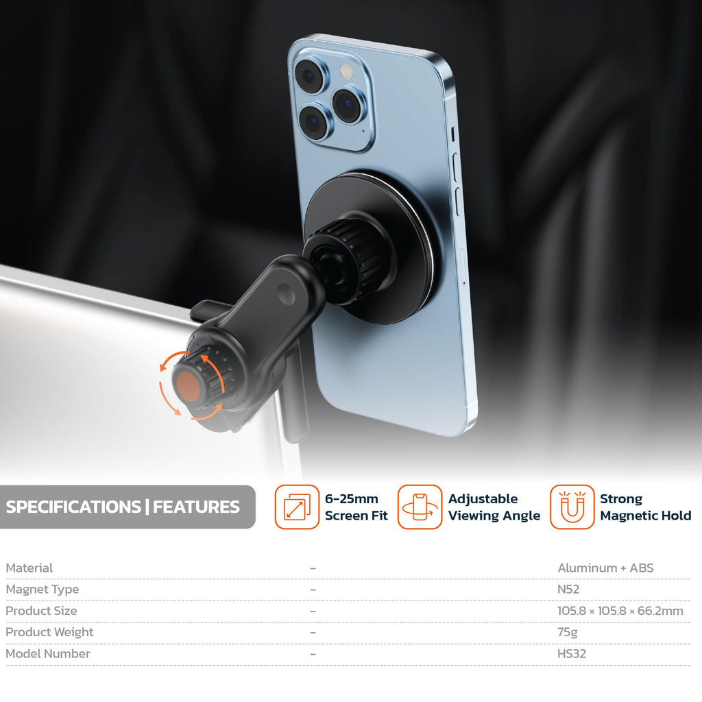 Porodo PD-AVU2M-GY Aluminum Magnetic Car Mount Air-Vent and Stick-on Mobile Phone Holder, With 6 Strong Magnets