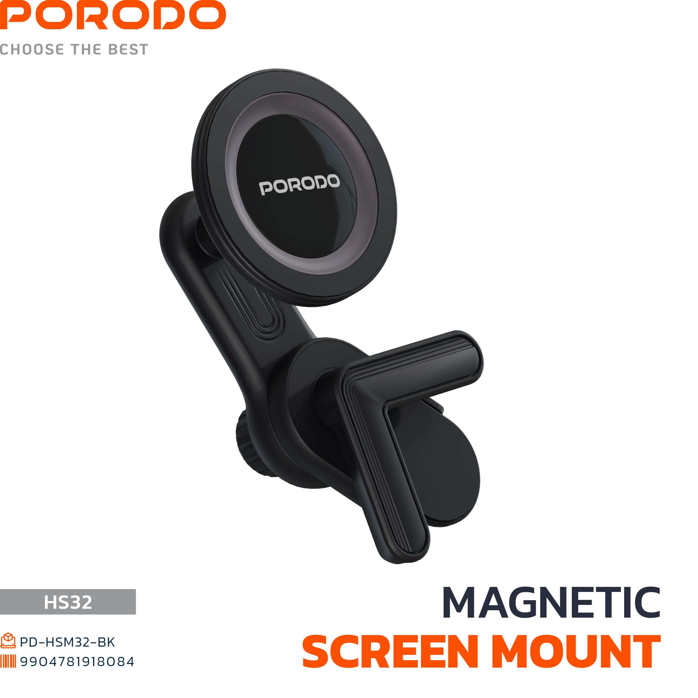 Porodo PD-AVU2M-GY Aluminum Magnetic Car Mount Air-Vent and Stick-on Mobile Phone Holder, With 6 Strong Magnets