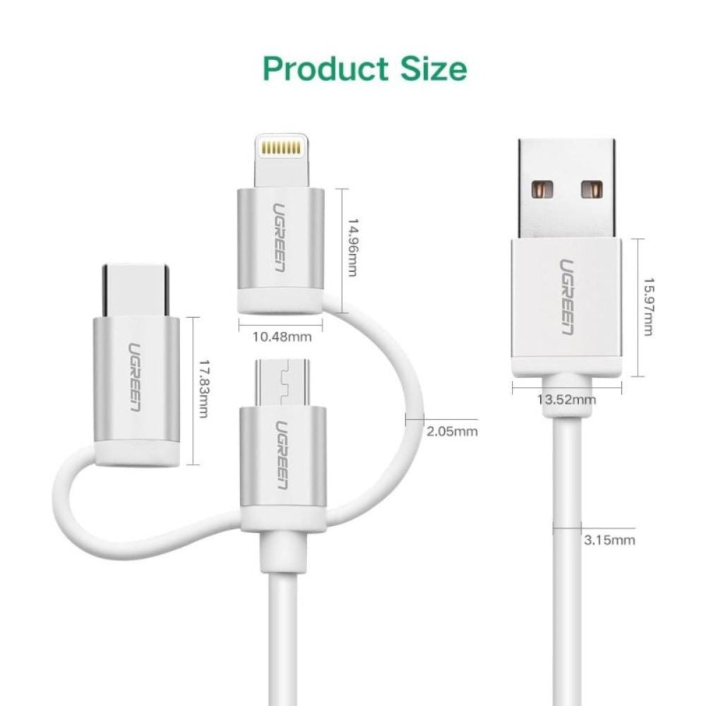 UGREEN 3 in1 USB-A to Lightning + USB-C + Micro-USB Braided Cable & Aluminum Body, MFI Apple Certified, 1.5M