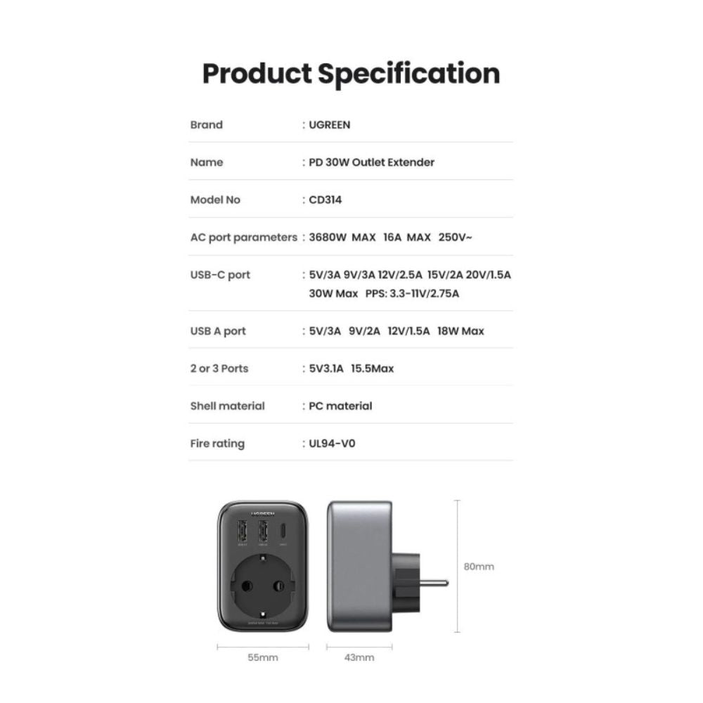 Ugreen 30W Outlet Extender Charger 1Xac (2A1C)