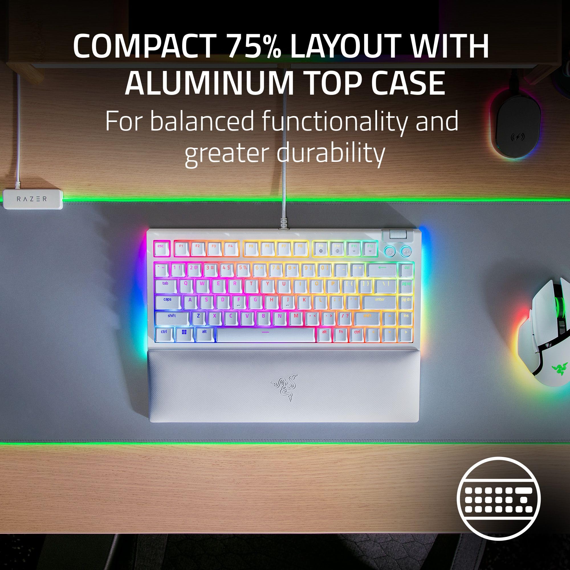 BlackWidow V4 75% - White Ed. - US Layout Mechanical Gaming Keyboard: Hot Swappable Design - Compact & Durable - Orange Tactile Switches - Chroma RGB - Roller & Media…