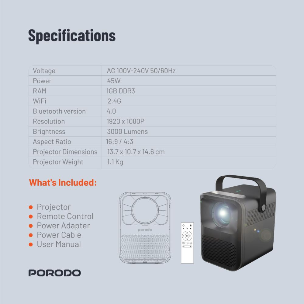Porodo Full HD Portable Projector - PD-HDPRJAN-BK