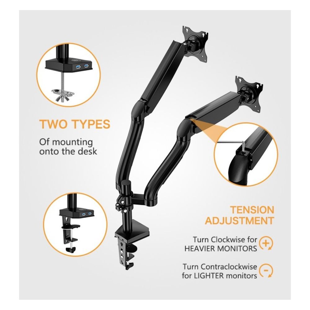 Kaloc DS90-2 Adjustable Dual Monitor Arm with Internal Gas Spring technology for Easy Adjustment, for Screens 17 to 32 Inches