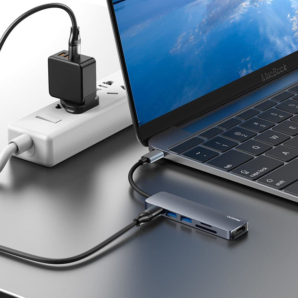Yesido HB11 6-in-1 Aluminium Alloy USB-C Multiport Hub Adapter with 4K HDMI & Card Reader, Authentic Grey