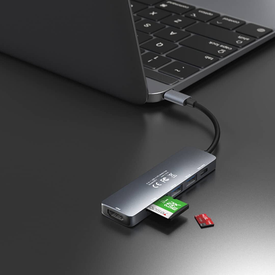 Yesido HB11 6-in-1 Aluminium Alloy USB-C Multiport Hub Adapter with 4K HDMI & Card Reader, Authentic Grey