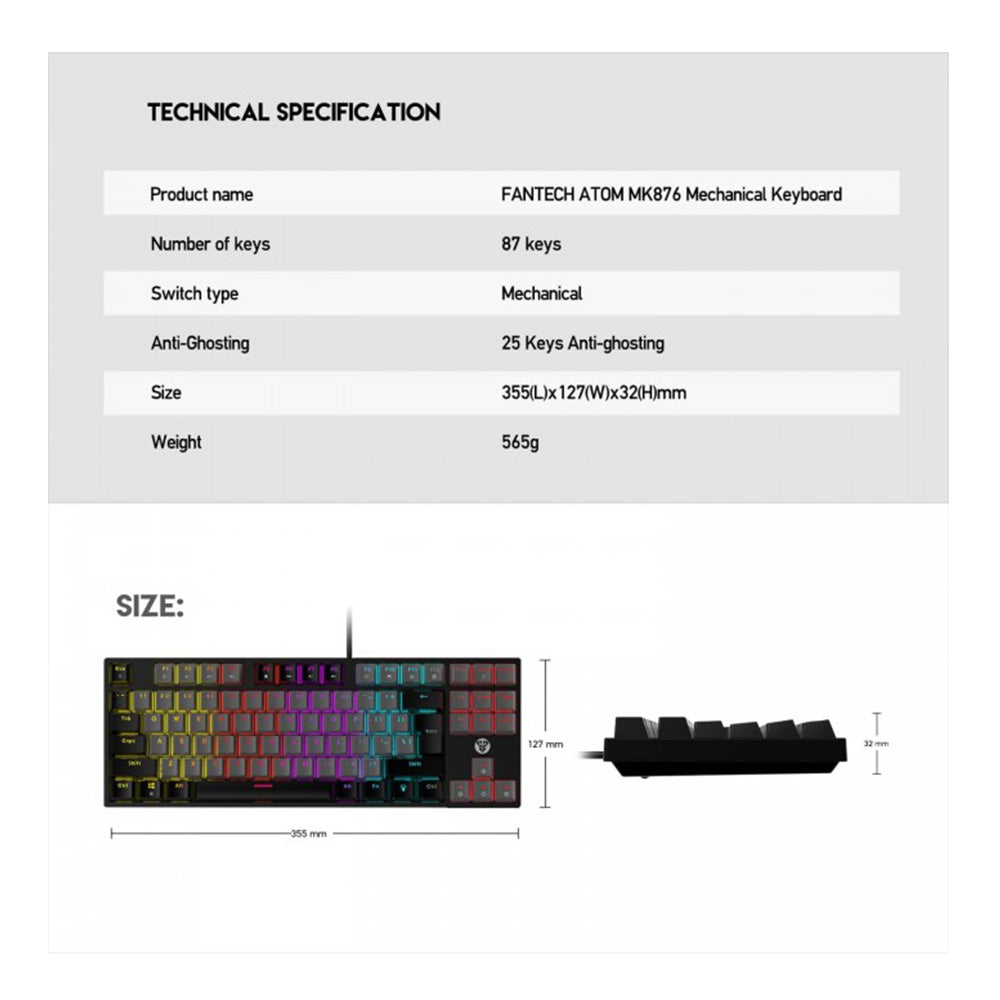Fantech Keyboard Mk876 - Atom Tkl Rgb Mechanical Switch 87 Keys