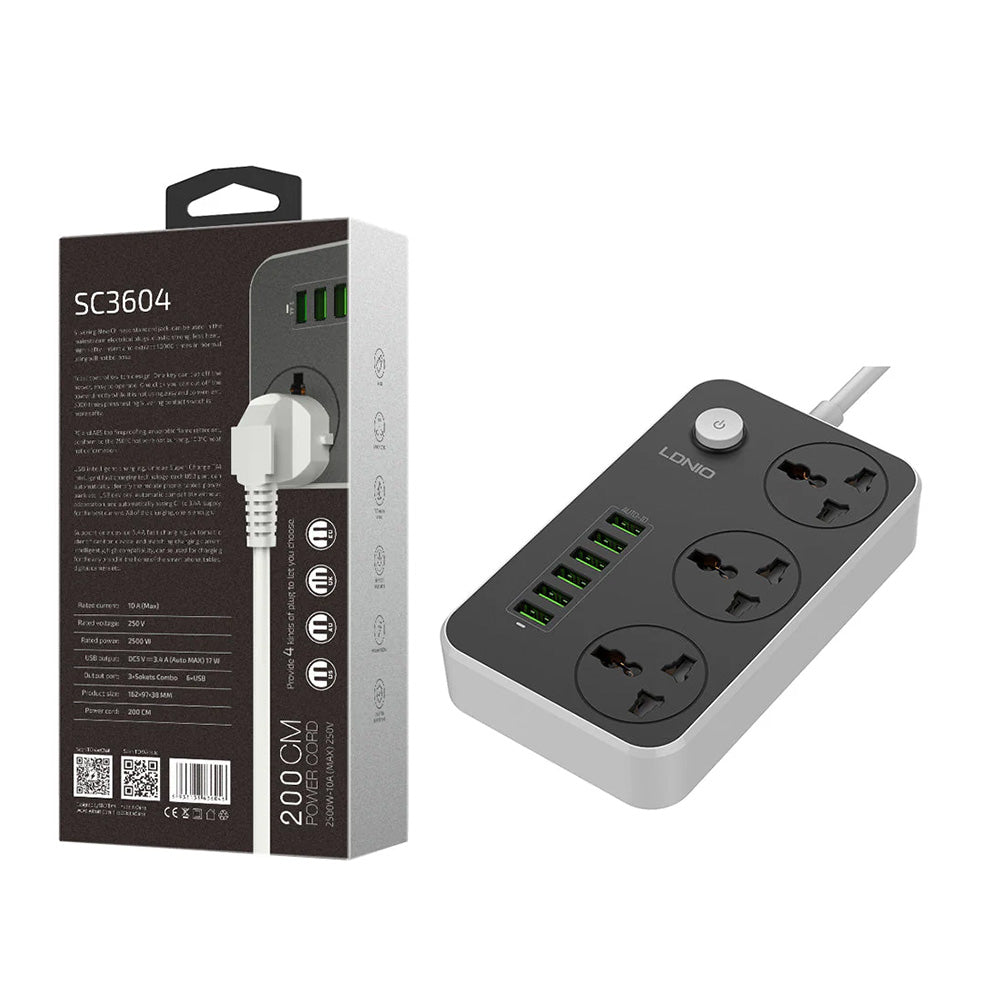 LDNIO SC3604 Universal Power Strip with 3 AC Outlets & 6 USB Ports