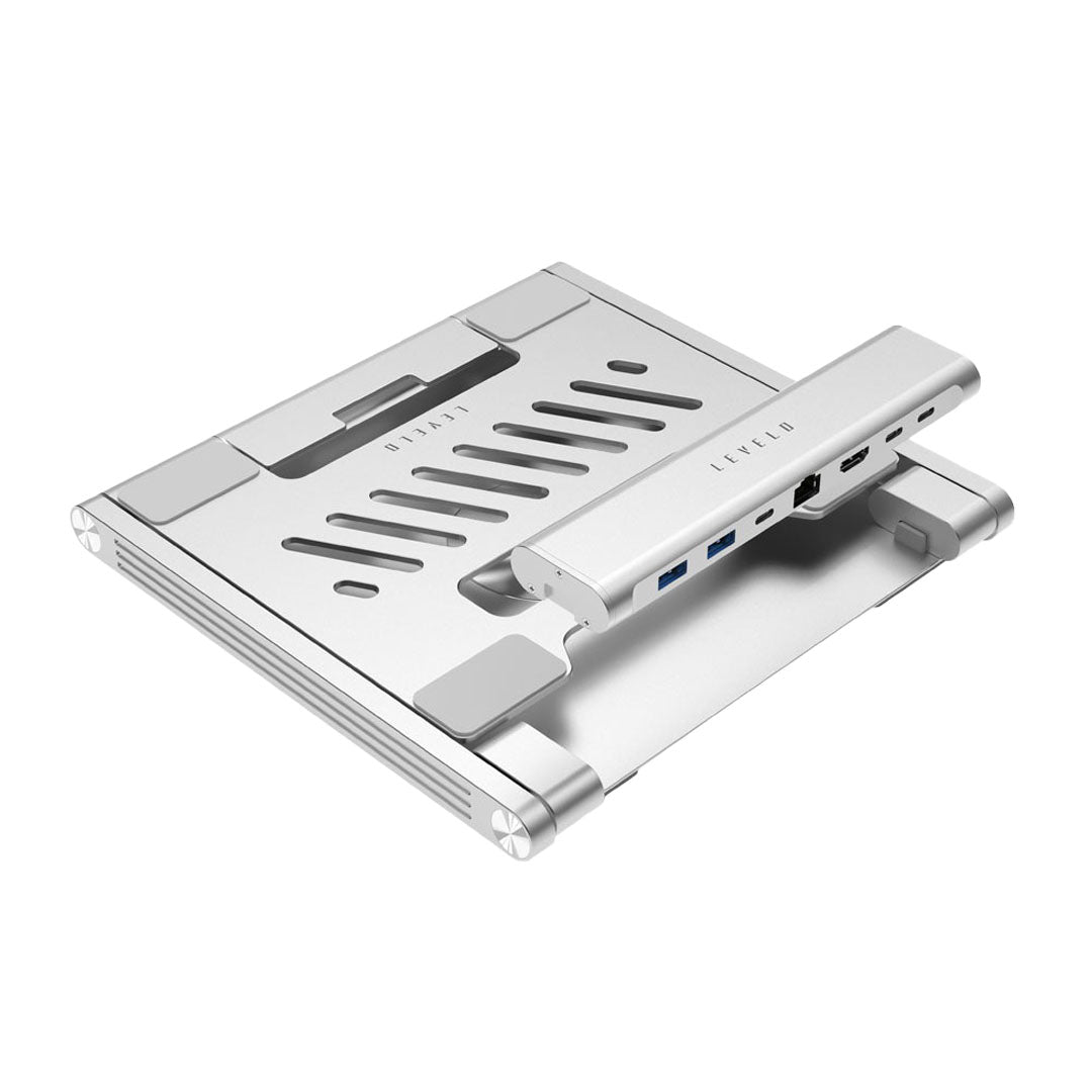 Levelo AeroLink Laptop Stand With Built-In Portable 7 In 1 Hub - Silver