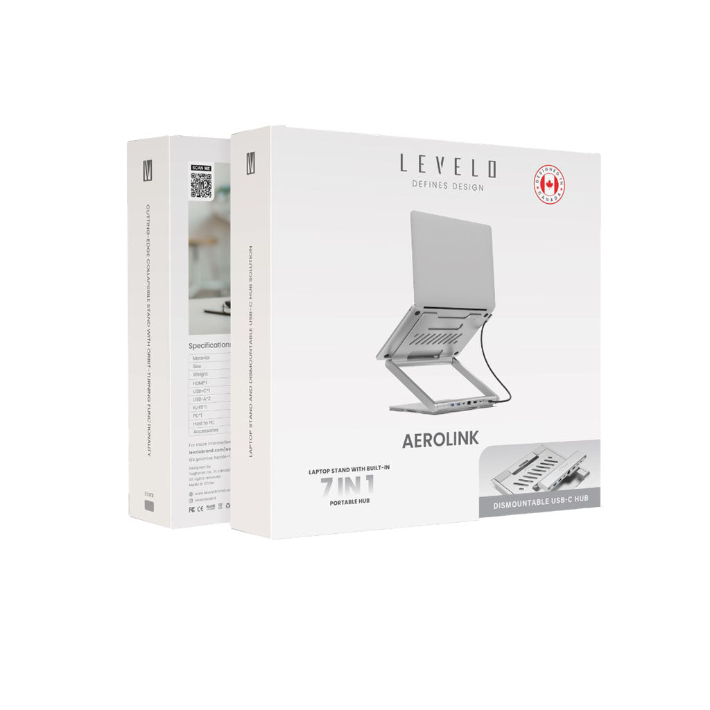 Levelo AeroLink Laptop Stand With Built-In Portable 7 In 1 Hub - Silver
