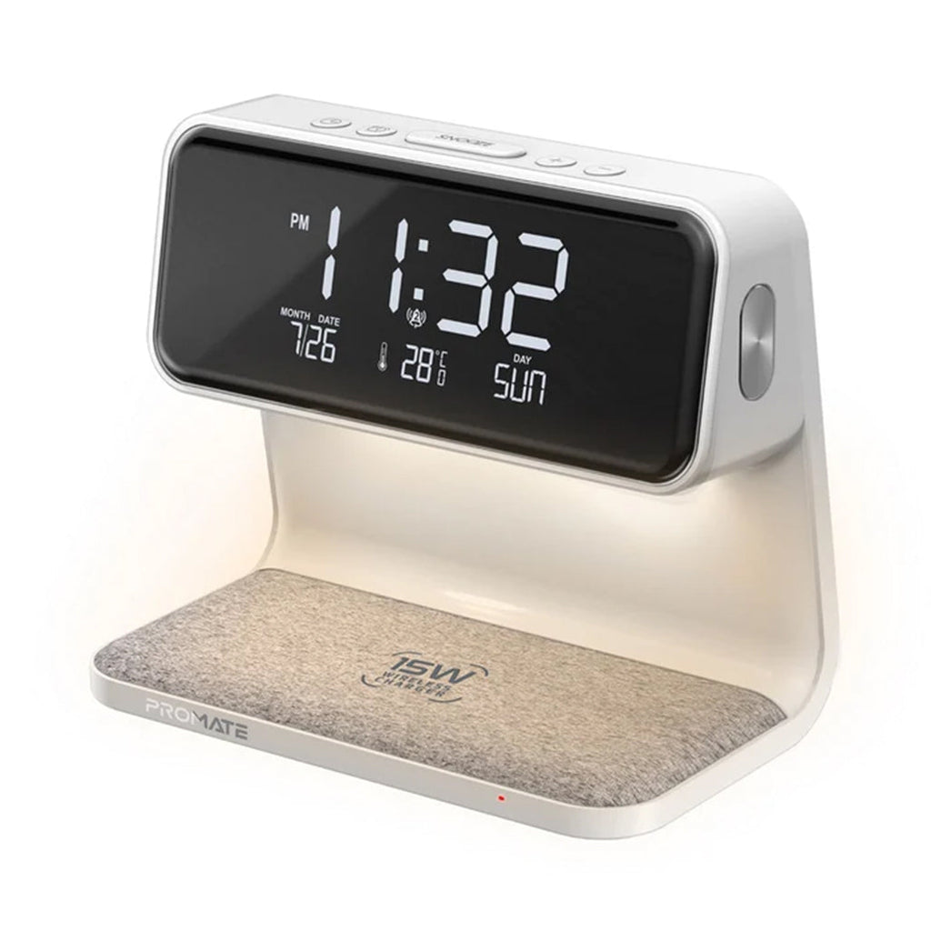 Promate Multi-Function LED Alarm Clock - 15W Wireless Charger