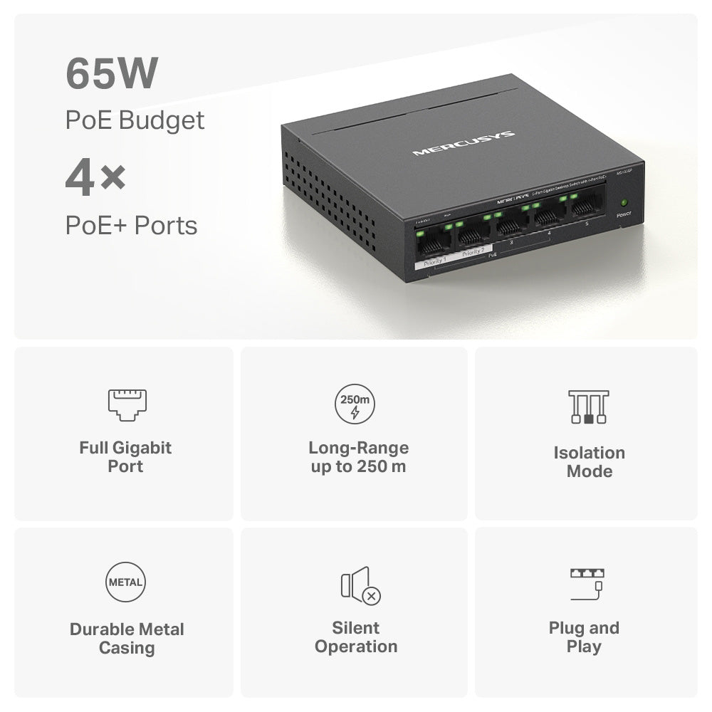 Mercusys 5-Port Gigabit Desktop Switch with 4-Port PoE+ - MS105GP
