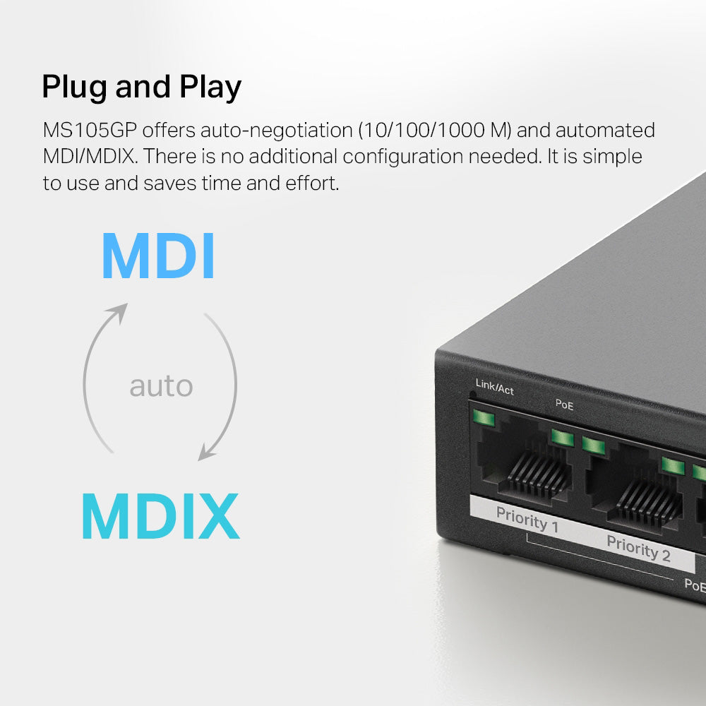 Mercusys 5-Port Gigabit Desktop Switch with 4-Port PoE+ - MS105GP