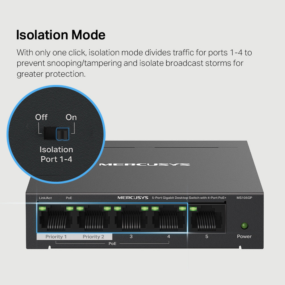 Mercusys 5-Port Gigabit Desktop Switch with 4-Port PoE+ - MS105GP