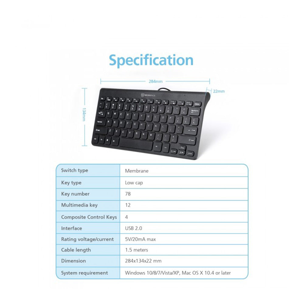 Micropack K-2208stl Wired Compact & Ultra Slim Keyboard ,Black| K-2208STL