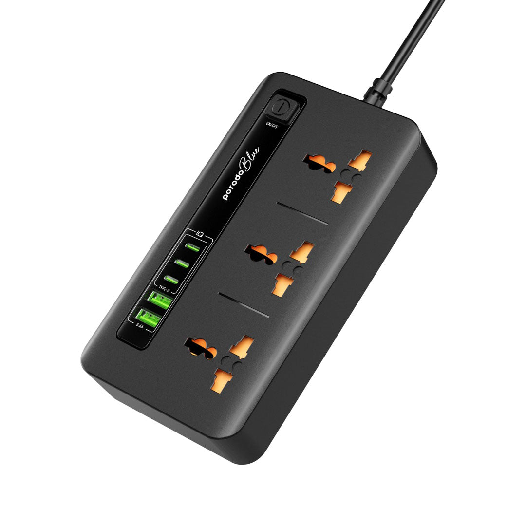 Porodo Blue 3 AC Power Socket with 2 USB-A & 3 Type-C