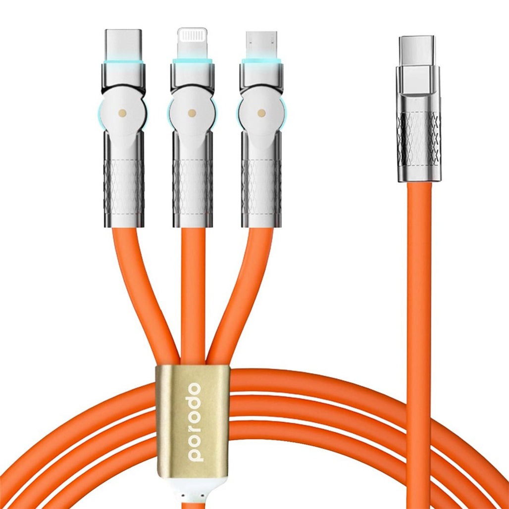 Porodo PD100W - 3-in-1 Cable 180 Degrees Rotation: 1.2M - Orange