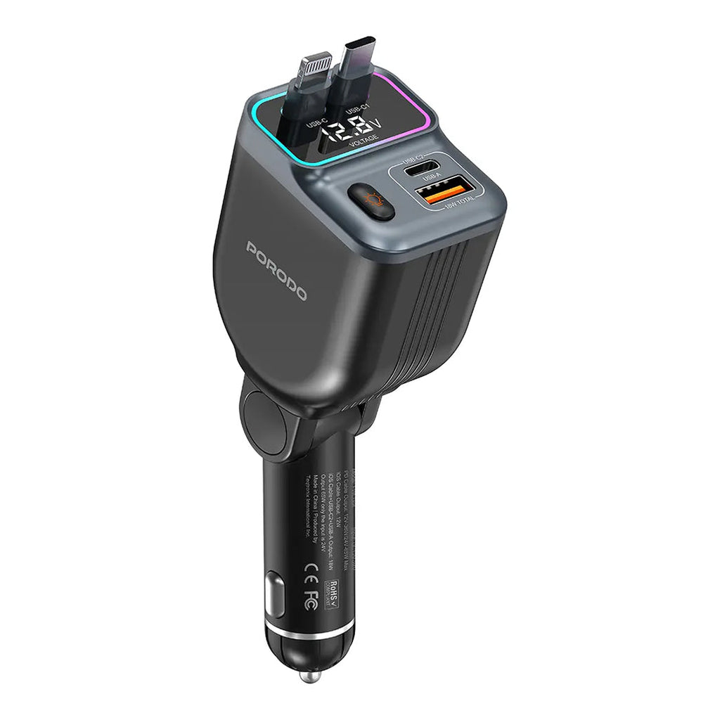 Porodo 65W Car Charger Dual Retractable Cable - Black